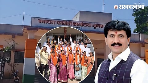 Shiv Sena leaders and workers celebrate after Kamal Shelkande was elected chairperson and Amit Dhole deputy chairperson of Junnar Panchayat Samiti.