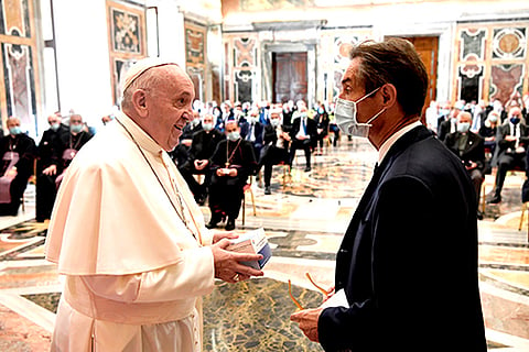 Pope Francis meets Attilio Fontana, president of the Lombardy region, during an audience with doctors, nurses and health care professionals from the Lombardy region at the Vatican June 20, 2020. The Lombardy region in northern Italy suffered the highest number of COVID-19 cases in the country. (CNS photo/Vatican Media) See COVID-POPE-MEDICAL June 22, 2020.