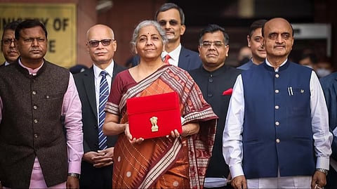 New Delhi: Nirmala Sitharaman Arrives at Ministry of Finance to Present Her Seventh Budget