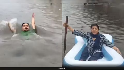 Delhi: AAP's "Water Sports" Jab at BJP for Video of a Swimmer and Rower in Flooded Delhi 