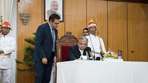 Image of the newly appointed Chief Justice of Manipur High Court, M. Sundar, during the swearing-in ceremony.