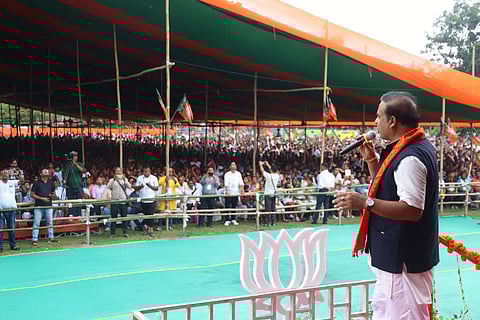 Image of Assam Chief Minister Himanta Biswa Sarma addressing the gathering at a campaign in Kokrajhar amid BTC polls 2025