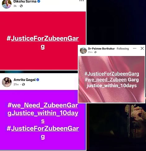 Image of some posts by artists, fans and relatives joining the movement led by Amrita Gogoi to seek justice for Zubeen Garg