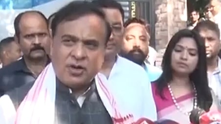 Image of Assam Chief Minister Himanta Biswa Sarma while addressing the media