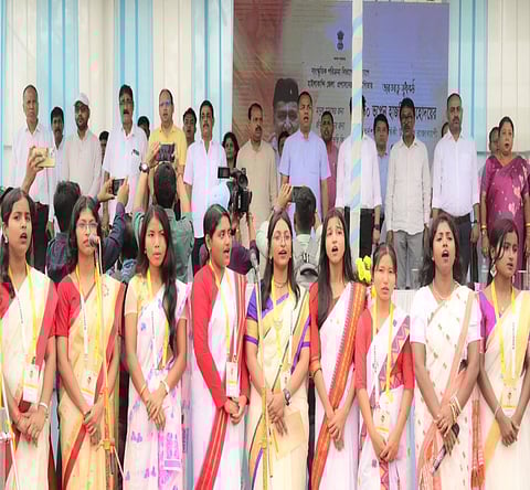 Image of Dr. Bhupen Hazarika on his 14th death anniversary with a remarkable and emotional event where over 15,000 people join hands to honour the Bharat Ratna; “Manuhe Manuhor Babe” sung in unison across the DSA Ground.