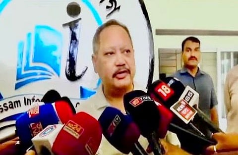 Image of former DGP Bhaskarjyoti Mahanta while speaking to the media