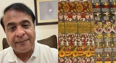 Image of Assam Chief Minister Himanta Biswa Sarma during facebook live on left and Vrindavani Vastra on right