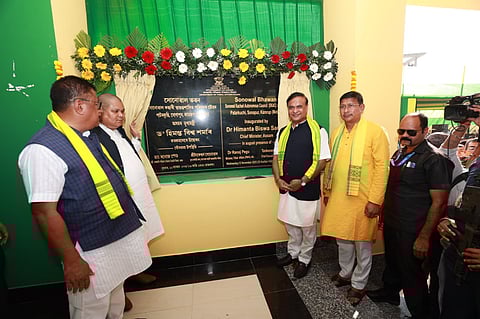 Image of Assam Chief Minister Himanta Biswa Sarma while inaugurating the Sonowal Bhawan in Patarkuchi, Sonapur