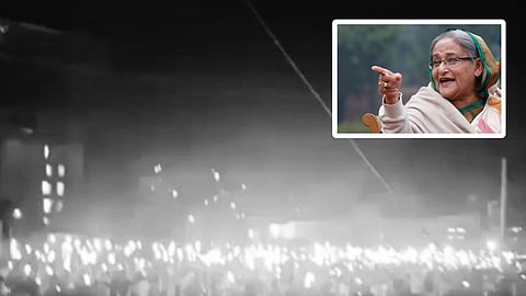 Image of the protest scenes and the former Prime Minister of Bangladesh Sheikh Hasina, on the right top corner