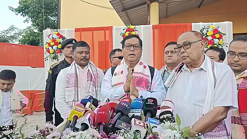 Image of Sarbananda Sonowal addressing the media on the occasion of 'Janjatiya Gaurav Divas.'
