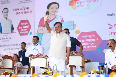 Image of the Assam CM at the event organised under Mukhyamantri Mahila Udyamita Abhiyan (MMUA) on Wednesday at Nalbari