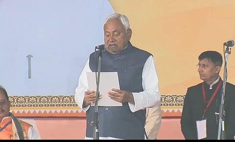 Image of Nitish Kumar being sworn in as Bihar Chief Minister