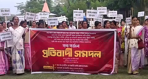 Image shows demonstrators in Saragaon, Nagaon district, protesting for ST status to six indigenous communities in Assam.
