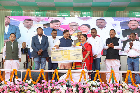Image shows the Assam CM attending the seed fund distribution drive in Rangapara