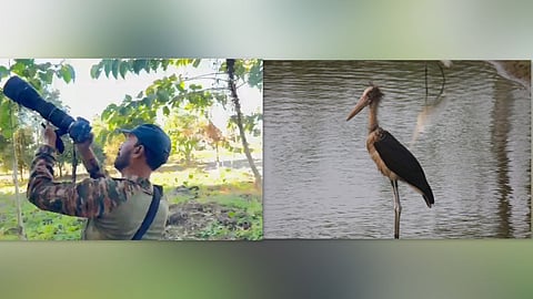 Image of bird expert Masiz Khan on the left and his photography of a migratory bird on the right
