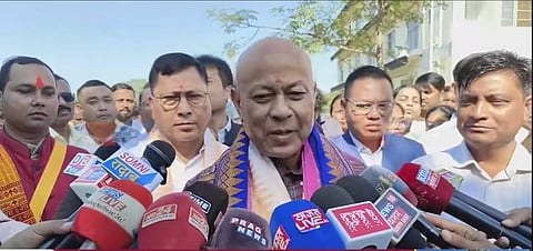 Image of the BTC Chief Hagrama Mohilary addressing the media