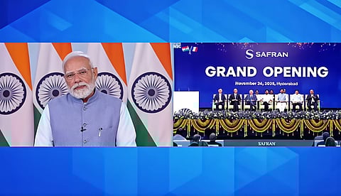 Image of Prime Minister Narendra Modi virtually inaugurating the Safran Aircraft Engine Services India (SAESI) facility in Hyderabad.