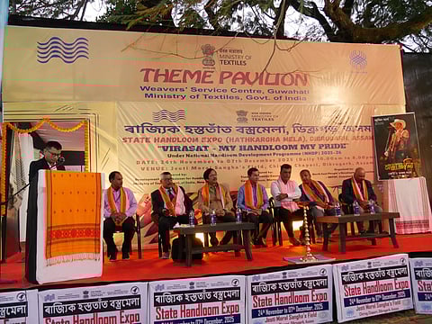 Image from the the inauguration of the State Handloom Expo (Hathkargha Mela) 2025–26 at Jeoti Moral Sangha’s Field, Dibrugarh,