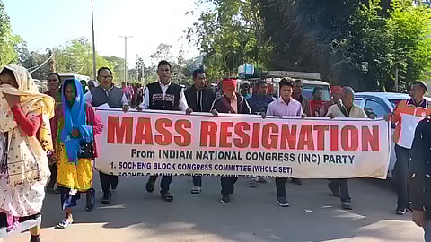 Image of the Congress party workers in West Karbi Anglong on their way to Mass Resignation