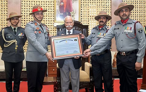Image of Arunachal Pradesh Governor Lt Gen (Retd) KT Parnaik presenting the Governor’s Citation to the 11th Battalion of the Assam Rifles in recognition of its outstanding service and dedication