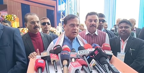 Image of Assam Chief Minister Himanta Biswa Sarma while addressing the media