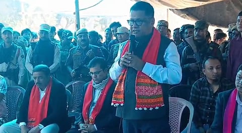 Image of Assam Education Minister Ranoj Pegu while addressing the gathering at Karbi Anglong