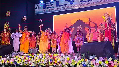 Image shows a snippet from the Bhaona titled 'Sita Haran Bali Badh' performed by the students of Indus Academy