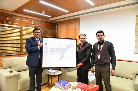 Image of Chief Secretary of Assam, Dr Ravi Kota, receiving the Geodetic Asset Register (GAR) from officials of the Survey of India (SoI), Guwahati, at the CS Office.