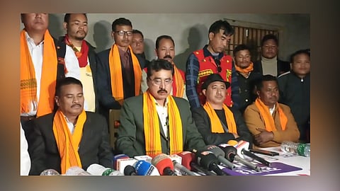 Tiwa Autonomous Council Chief Executive Member Jiban Chandra Konwar addressing media persons