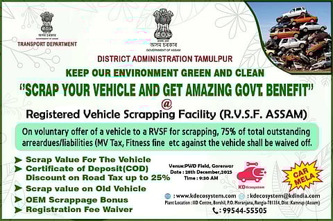 Image of the poster for the Vehicle Scrappage Facilitation Programme cum Car Mela at the PWD Field in Goreswar