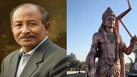 Renowned sculptor Nuruddin Ahmed on the left, one of his creations in the right