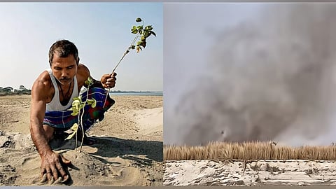 Image of the Forest Man of India, Jadav Payeng, on the left and the alleged arson attack that has caused damage to parts of Molai Kathoni on the right