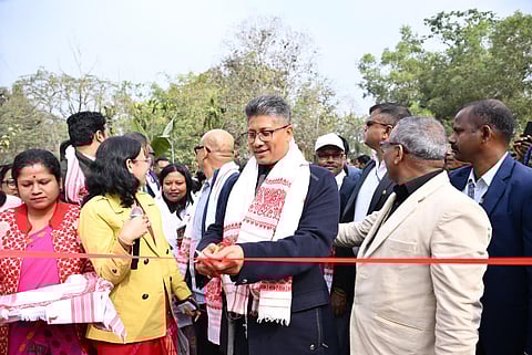 Image of Assam Water Resource and Public Relations Minister Pijush Hazarika while inaugurating a new 12-km road in Khumtai