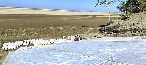 Image shows the protective measures taken to fight the effects of floods and erosion during the monsoon