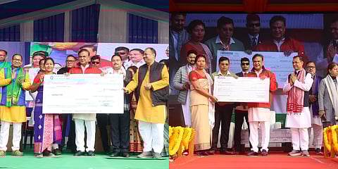 Image of Assam Chief Minister Himanta Biswa Sarma while distributing MMUA seed fund cheque in Sarupathar on the left and in Darrang on the right