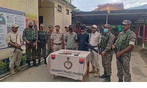 The arrested peddlers and the seized contraband displayed at Senapati Police Station
