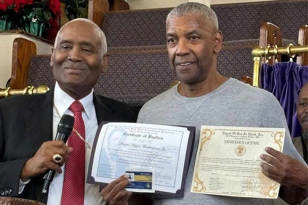Academy Award winner actor Denzel Washington gets baptized and receives a minister's license