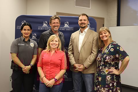 back: Addy Henry — Crisis Intervention Unit, Fort Smith Police Department; Aaron Bunch — Ideal Options; Graham Baty — lived experience and Horizon Renewal Center;  Kylia Eastman — lived experience and Harbor House;
front: Melinda Hyatt, LMSW — Fort Smith Public Schools; 