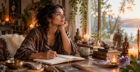 Woman journaling in a peaceful spiritual setting with candles, books, crystals, and soft window light.