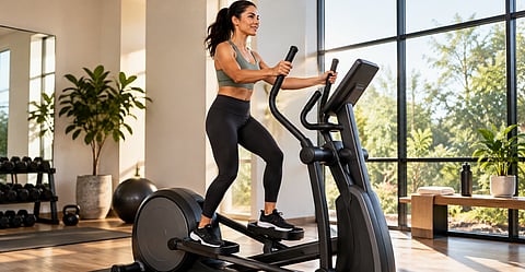 Woman using an elliptical machine with proper posture in a bright home gym.