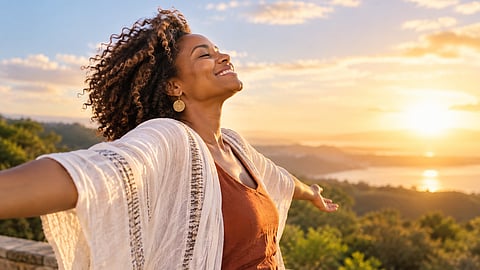 Smiling Black woman with arms outstretched at sunset, standing above a scenic landscape and expressing joy, freedom, and gratitude.