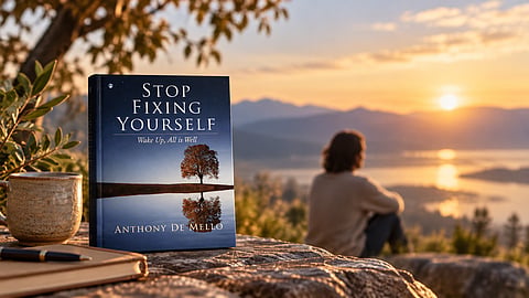 Anthony De Mello’s book Stop Fixing Yourself: Wake Up, All Is Well displayed beside a notebook and coffee cup at sunrise, with a person sitting in quiet reflection overlooking mountains and water