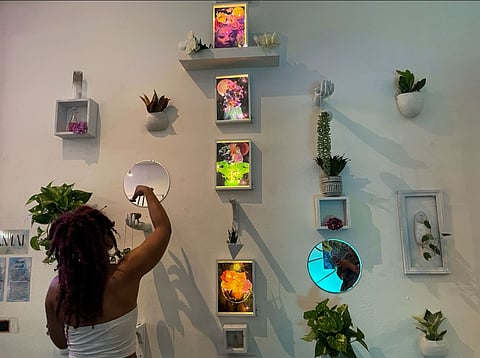 The DIVINE exhibit at Made Space, with images and small plants adorning a wall, and someone standing in front of the exhibit with their arm raised.