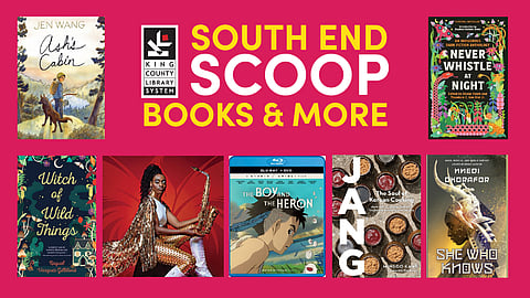A promotional graphic for the "South End Scoop Books & More" from the King County Library System, featuring multiple book and media covers.