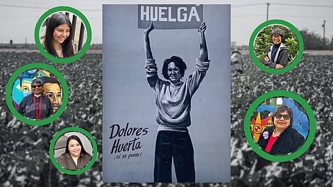 Central black-and-white mural of Dolores Huerta holding a “HUELGA” sign, with the words “Dolores Huerta ¡Sí se puede!” at the bottom. The background shows a field, and six circular portraits of diverse women are arranged around the mural, framed in green.