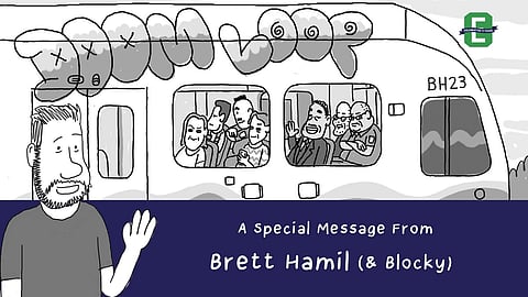 Cartoon illustration of a light rail train labeled “BH23” with exaggerated graffiti reading “DOOM LOOP” on top, showing passengers inside and a bearded man waving in the foreground with text below reading “A Special Message From Brett Hamil (& Blocky).”