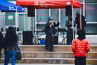 Rapper Just Relax performs at the 2024 Walk the Block.