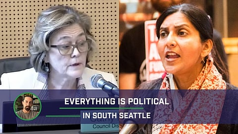 Split-screen image of Seattle politicians speaking at a city council meeting and a public rally, with the caption "Everything Is Political in South Seattle."