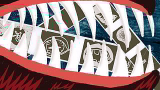 An illustration of the mouth and large teeth of a monster; inside its teeth are photo strips depicting an eye, a mouth, and other symbols meant to convey emotions.