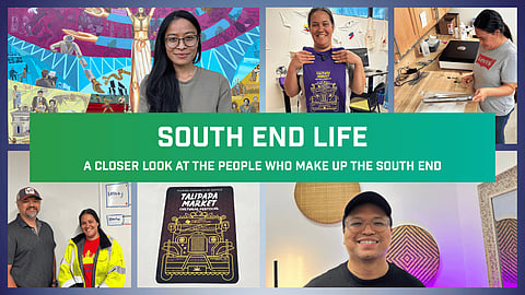 Collage of South Seattle community members featured in “South End Life,” with portraits of smiling individuals, a Talipapa Market cultural festival shirt design, and a bold green banner that reads “South End Life: A closer look at the people who make up the South End.”